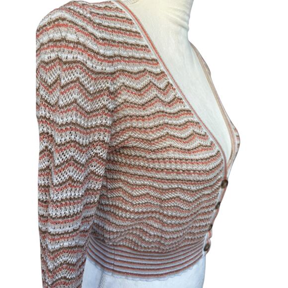 INTERMIX Y2K Brown Tan White Mona Knit Pointelle Cropped Cardigan Sweater - S - Picture 4 of 7